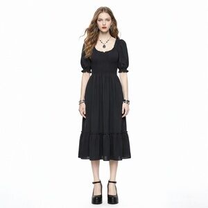 Hill House Louisa Nap Midi Dress Black Smocked Puff Sleeve Preppy  Romantic M